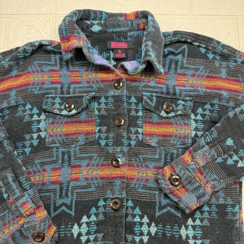 Rock & Roll Denim Womens Small Western Geometric Blue Long Sleeve Jacket